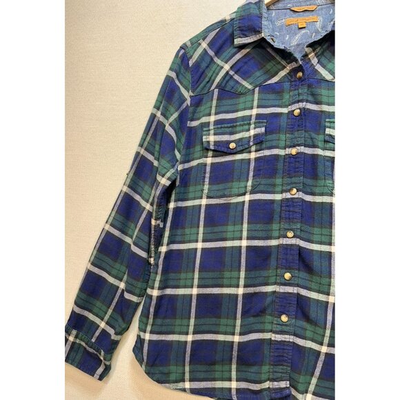 Jachs Girlfriend Flannel Snap Front Shirt Sz M Blue Green Plaid Stretch Comfort - Picture 7 of 13